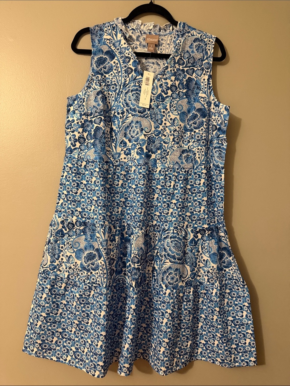 Chico’s Chinoiserie Ruffle Neck Tiered Dress Regatta Blue Size 1 NWT